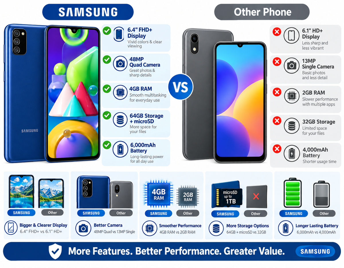 Samsung Galaxy M21  Blue Samsung Galaxy smartphone with display on and back visible