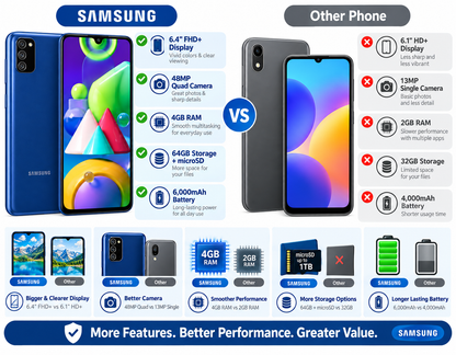 Samsung Galaxy M21  Blue Samsung Galaxy smartphone with display on and back visible