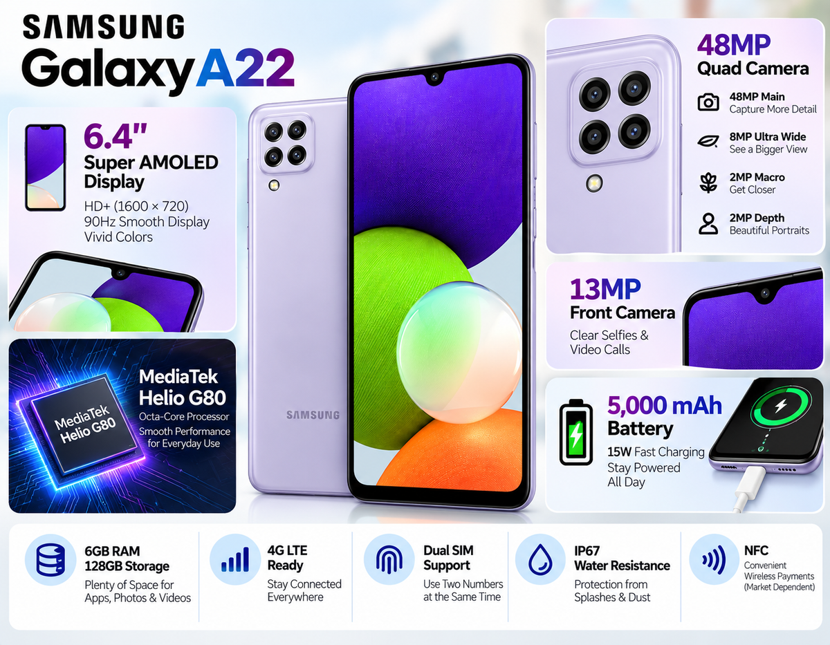Samsung Galaxy A22 4G A225F LTE 128GB 6GB RAM Dual Sim GSM Unlocked - Violet