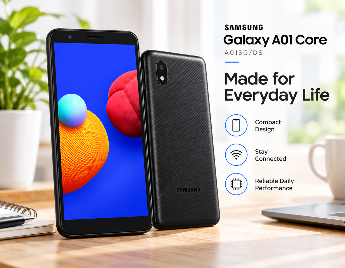 Samsung Galaxy A01 Core phone in black, front screen and back panel side by side