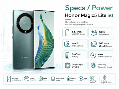 Green Honor Magic5 Lite 5G smartphone front and back views with circular camera module
