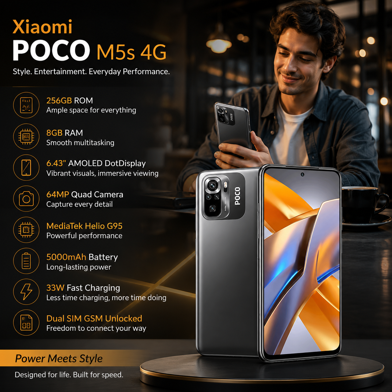 Xiaomi Poco M5s 4G 256GB ROM 8GB RAM Dual Sim GSM Unlocked - Grey