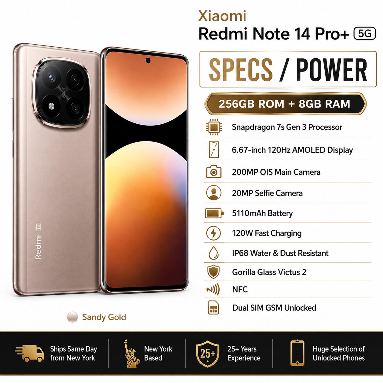 Xiaomi Redmi Note 14 Pro Plus 5G 256GB ROM 8GB RAM Dual SIM GSM Unlocked - Sandy Gold