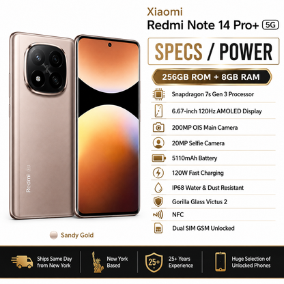 Xiaomi Redmi Note 14 Pro Plus 5G 256GB ROM 8GB RAM Dual SIM GSM Unlocked - Sandy Gold