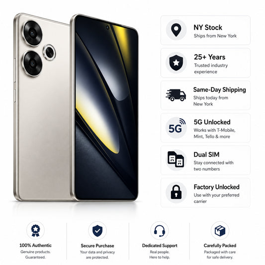 Titanium Poco F6 5G smartphone front and back with triple rear camera setup