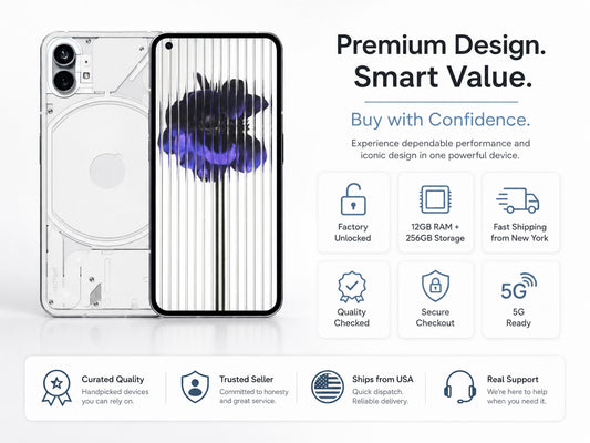 White Nothing Phone 1 smartphone shown front and back with transparent design