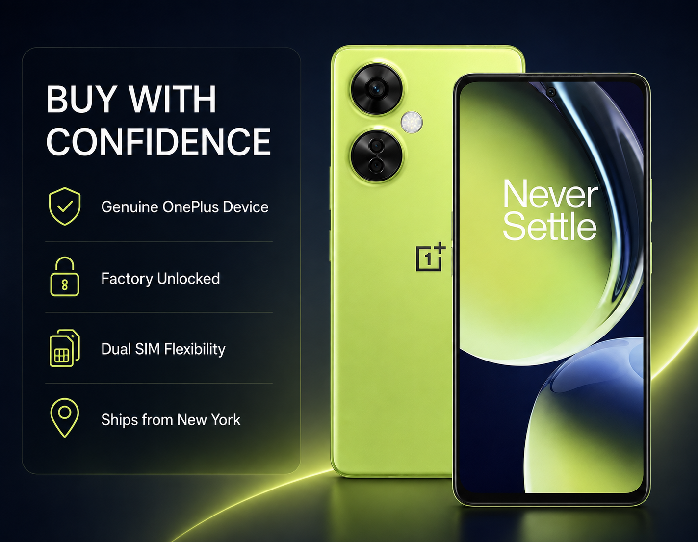 Pastel lime OnePlus Nord CE 3 Lite 5G smartphone showing back and front displays