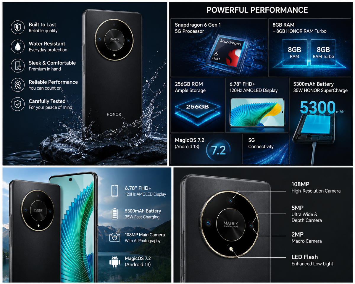 Black Honor Magic6 Lite phone details, showing circular rear camera ring and side buttons.