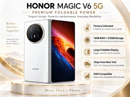 Honor Magic V6 5G White foldable smartphone open on pedestal, dual screens on display