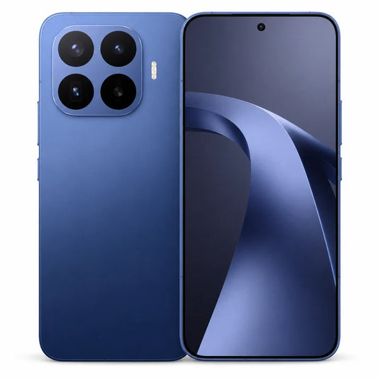 Blue smartphone showing rear quad-camera and front display with curved abstract screen