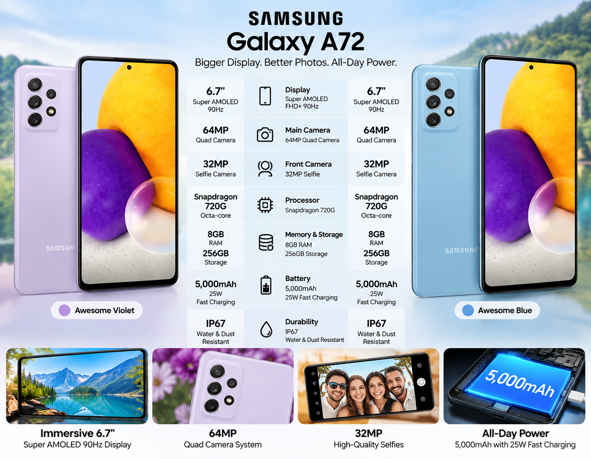 Samsung Galaxy A72 Two views of light blue Samsung smartphone, front display and rear cameras visible
