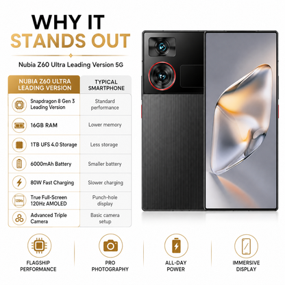 Black Nubia Z60 Ultra 5G smartphone with rear triple-camera and bright front display