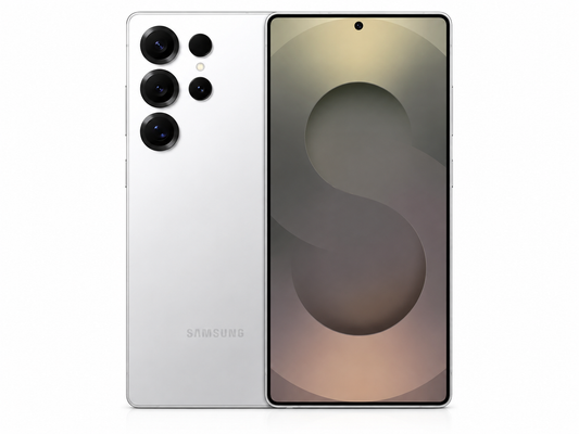 White silver smartphone with quad rear cameras and front display, Galaxy S25 Ultra
