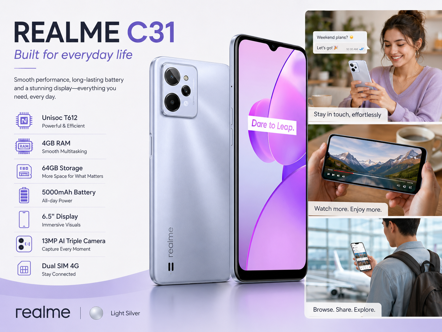 Light silver realme C31 4G phone with dual rear cameras and purple display.