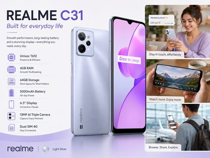 Light silver realme C31 4G phone with dual rear cameras and purple display.