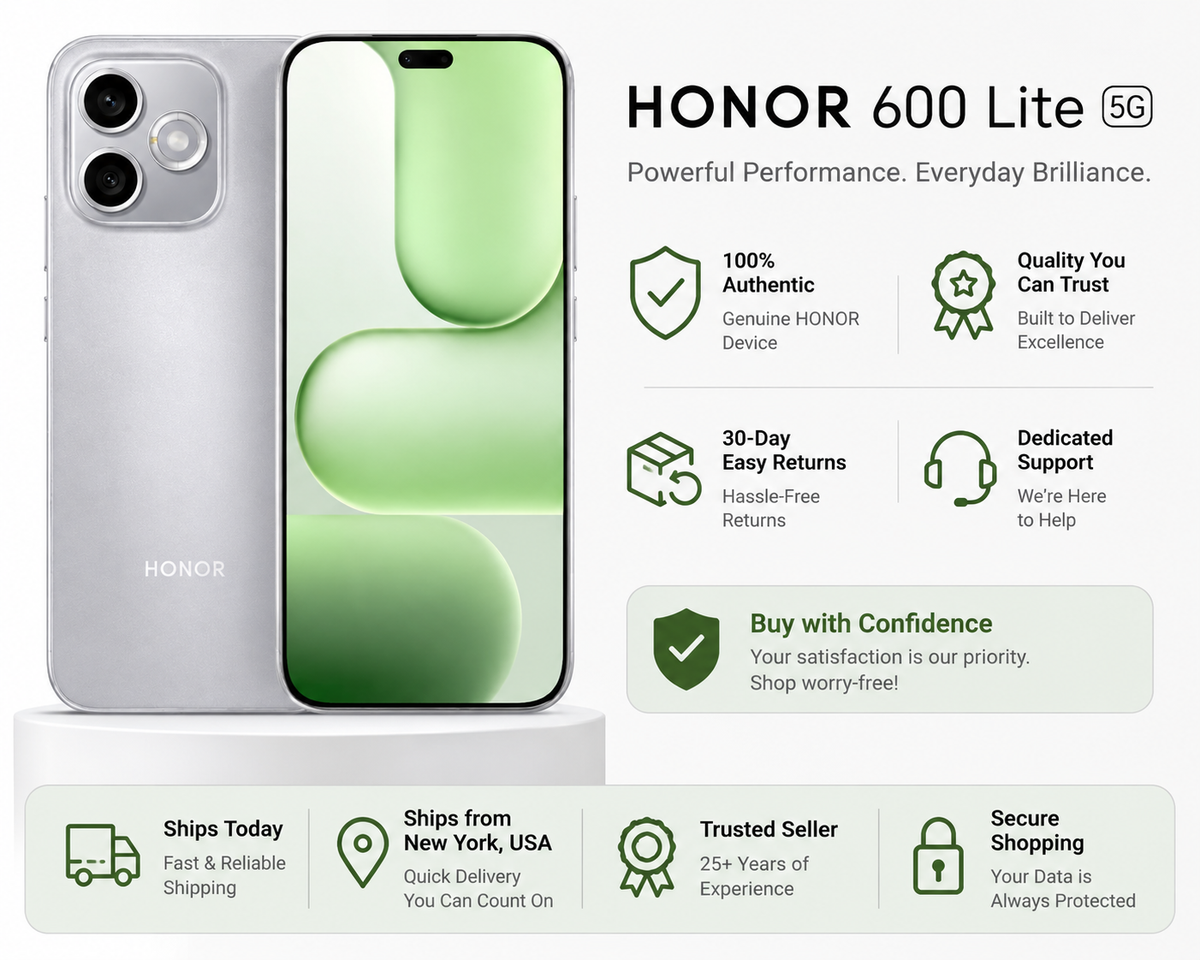HONOR 600 Lite 5G phone with shield and service icon graphics