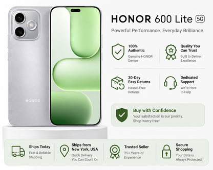 HONOR 600 Lite 5G phone with shield and service icon graphics