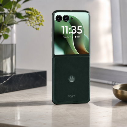 Motorola Razr 60 Ultra 5G foldable smartphone standing with green front screen