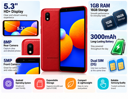 Red Samsung Galaxy A01 Core phone with front screen and back, shown with feature panels.