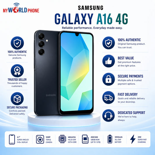 Samsung Galaxy A16 4G Black Samsung smartphone showing front display and back with rear camera module
