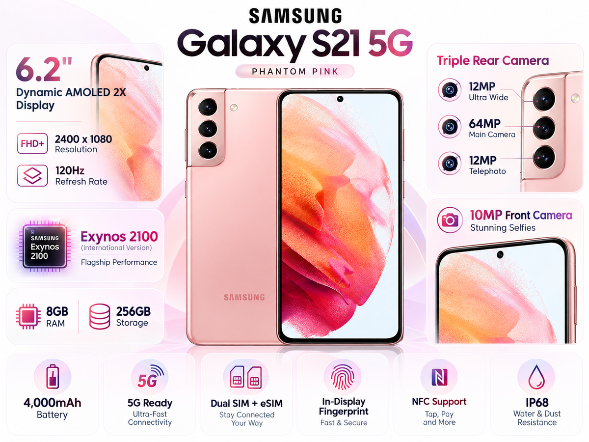 Samsung S21 5G Rose pink Samsung smartphone, triple rear cameras and front display