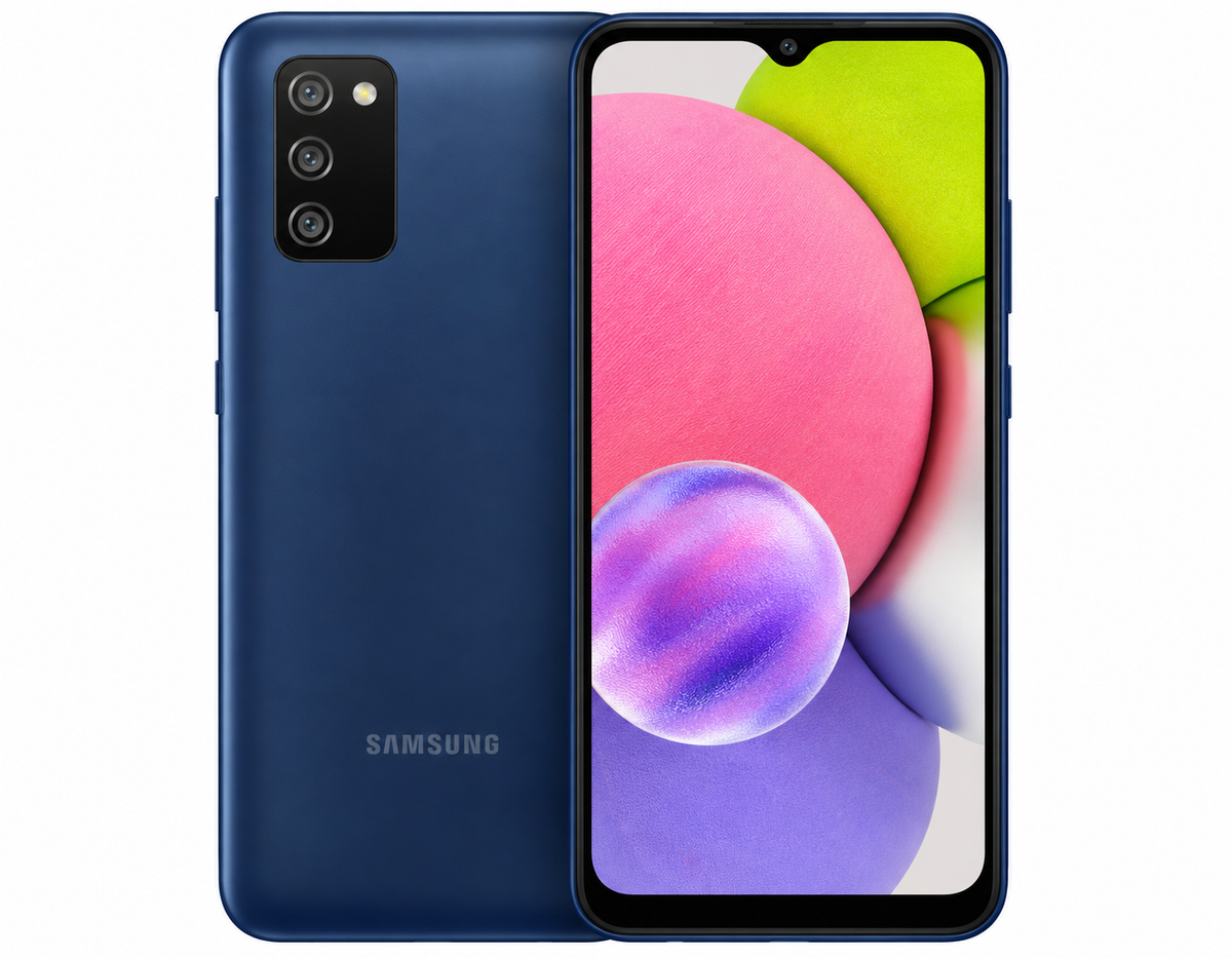 Samsung Galaxy A03S Blue smartphone close-up showing rear panel and front display