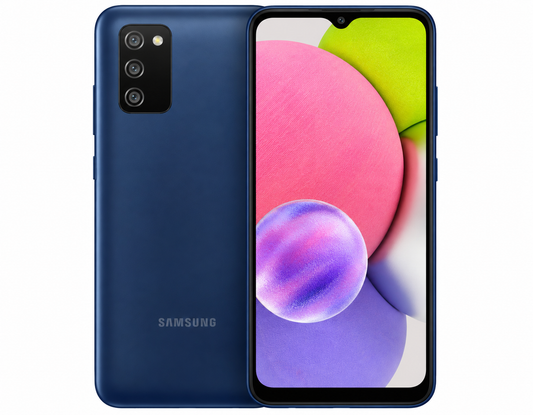 Samsung Galaxy A03S Blue smartphone close-up showing rear panel and front display