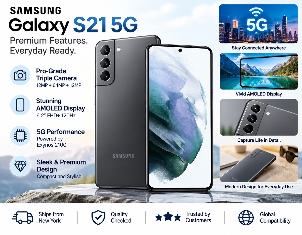 Samsung Galaxy S21 5G Gray Samsung Galaxy smartphone with front display, marketing layout