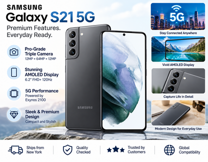 Samsung Galaxy S21 5G Gray Samsung Galaxy smartphone with front display, marketing layout
