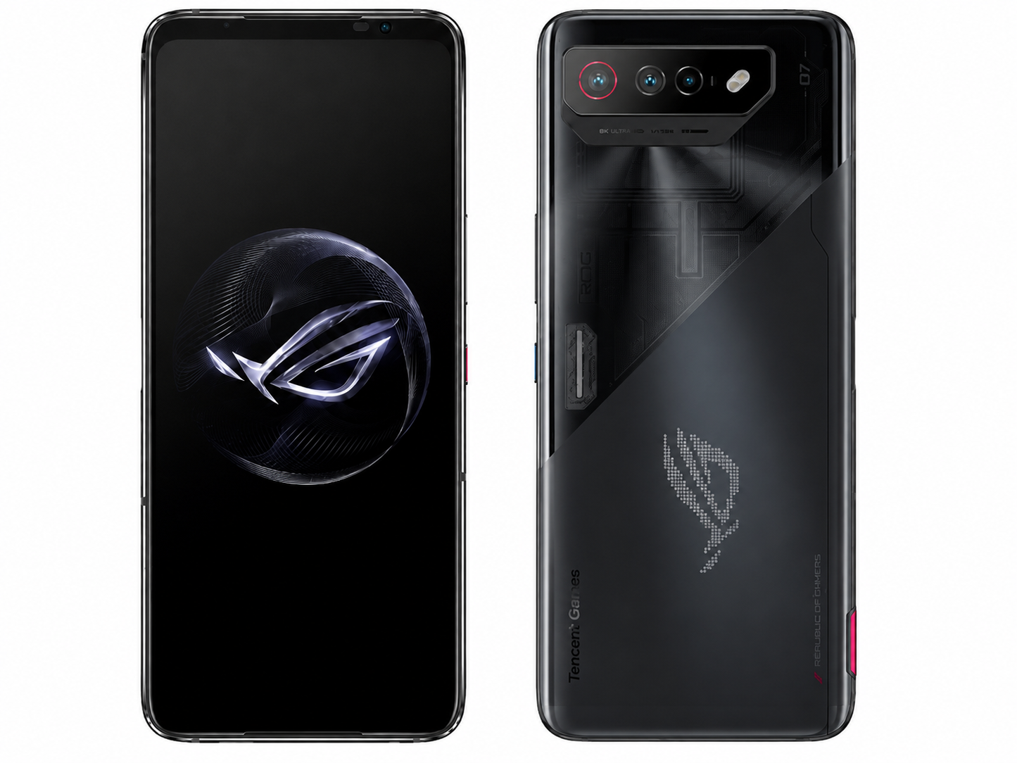 ASUS ROG Phone 7 Black gaming smartphone with front and back views, rear lighted ROG-style logo