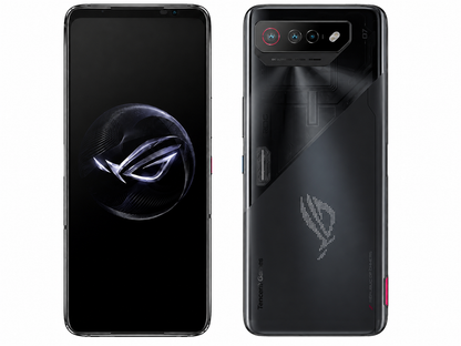 ASUS ROG Phone 7 Black gaming smartphone with front and back views, rear lighted ROG-style logo