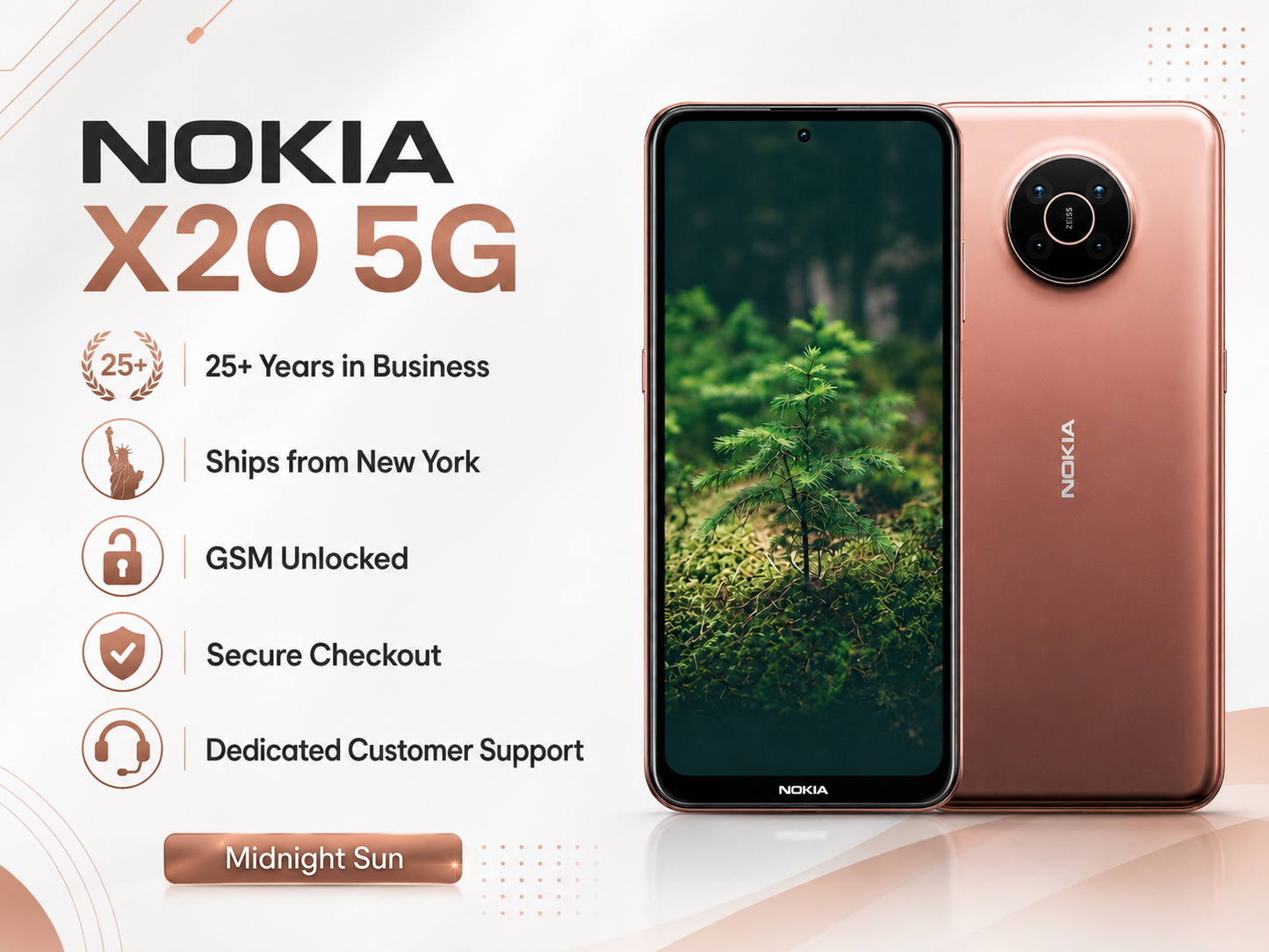 Rose copper Nokia X20 5G smartphone front and back, circular rear camera island