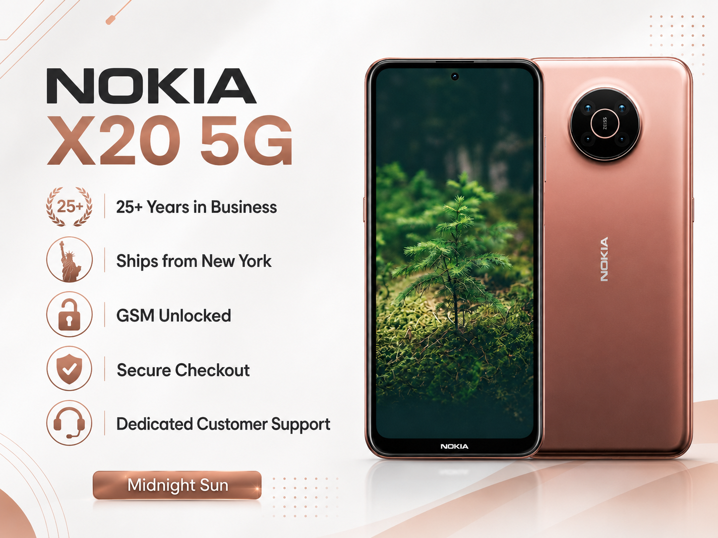 Rose copper Nokia X20 5G smartphone front and back, circular rear camera island
