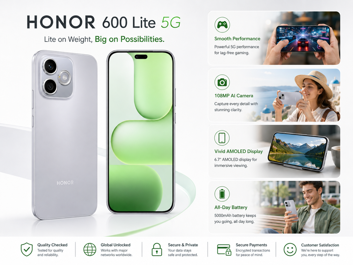 HONOR 600 Lite 5G gray and green smartphones with front display and rear cameras