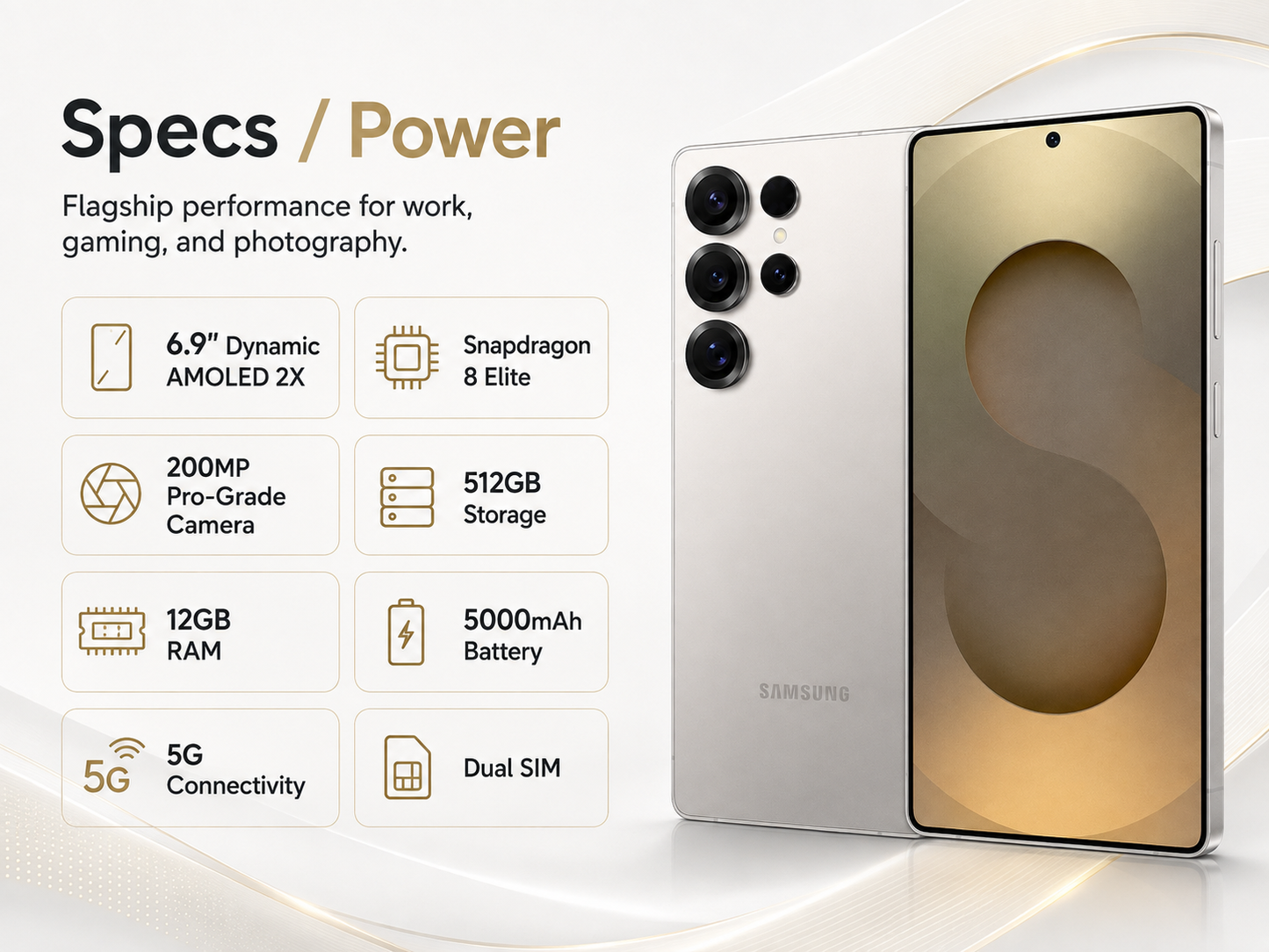 Samsung Galaxy S25 Ultra smartphone with front display and gold-toned wallpaper