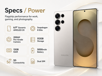 Samsung Galaxy S25 Ultra smartphone with front display and gold-toned wallpaper