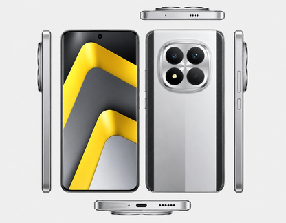 Xiaomi Poco M8 5G  Silver smartphone front and back with visible side buttons and camera lenses