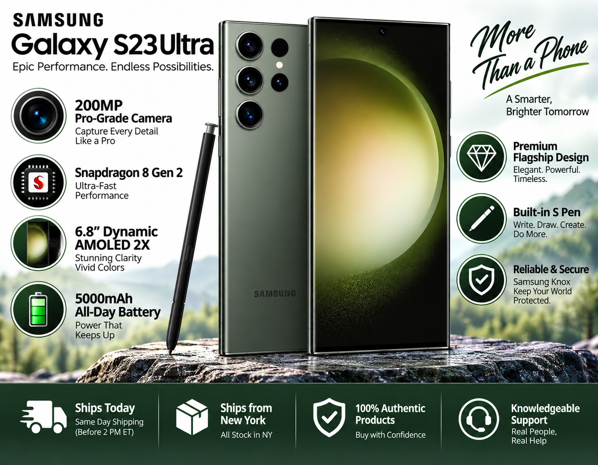 Samsung Galaxy S23 Ultra marketing poster featuring phone, S Pen, and key highlights