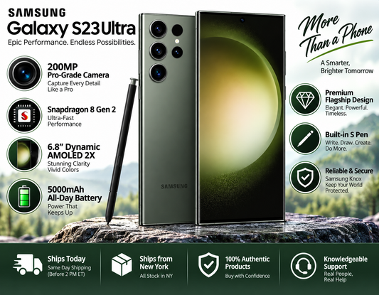 Samsung Galaxy S23 Ultra marketing poster featuring phone, S Pen, and key highlights