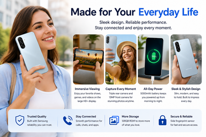 Samsung Galaxy A17 4G  Light gray smartphone in hand with blue screen, dual-camera rear visible