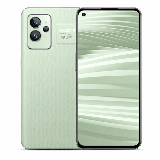 Realme GT Master Edition 5G Paper green smartphone close-up with dual rear camera module and front screen
