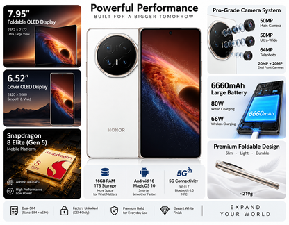 Honor Magic V6 5G White foldable smartphone open, showing circular quad-camera and colorful display.