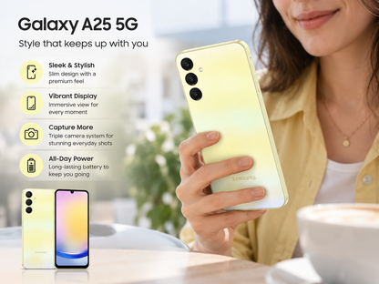 Samsung Galaxy A25 5G Yellow Samsung phone held in hand, front display visible and triple rear cameras