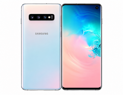 White Samsung Galaxy S10 smartphone showing back panel and front display side by side.