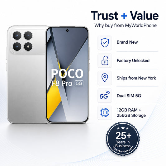 Xiaomi Poco F8 Pro 5G  Silver smartphone front and back, featuring rear quad cameras and edge-to-edge display.