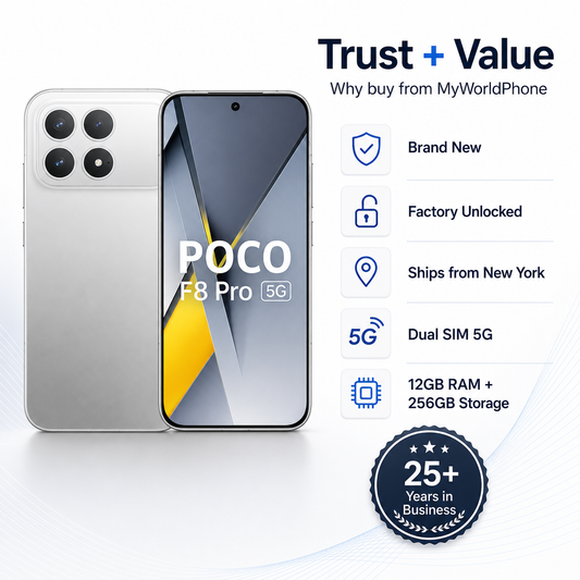 Xiaomi Poco F8 Pro 5G  Silver smartphone front and back, featuring rear quad cameras and edge-to-edge display.