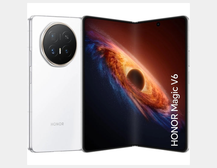 Honor Magic V6 5G White foldable smartphone open with outer back panel and colorful inner display.