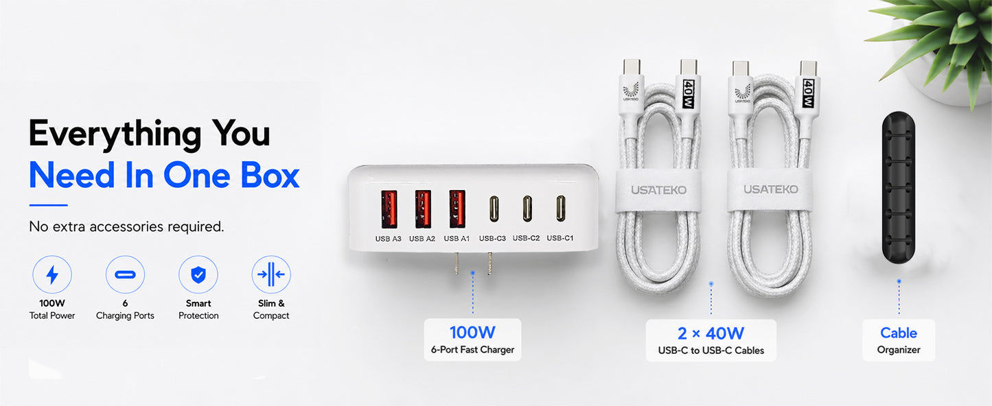 100W GaN 6-Port USB-C Fast Charging Station with PD 3.0 & QC 3.0 for iPhone, Samsung, iPad and Tablets