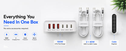 100W GaN 6-Port USB-C Fast Charging Station with PD 3.0 & QC 3.0 for iPhone, Samsung, iPad and Tablets