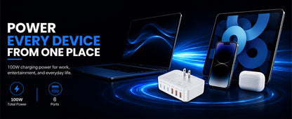 100W GaN 6-Port USB-C Fast Charging Station with PD 3.0 & QC 3.0 for iPhone, Samsung, iPad and Tablets
